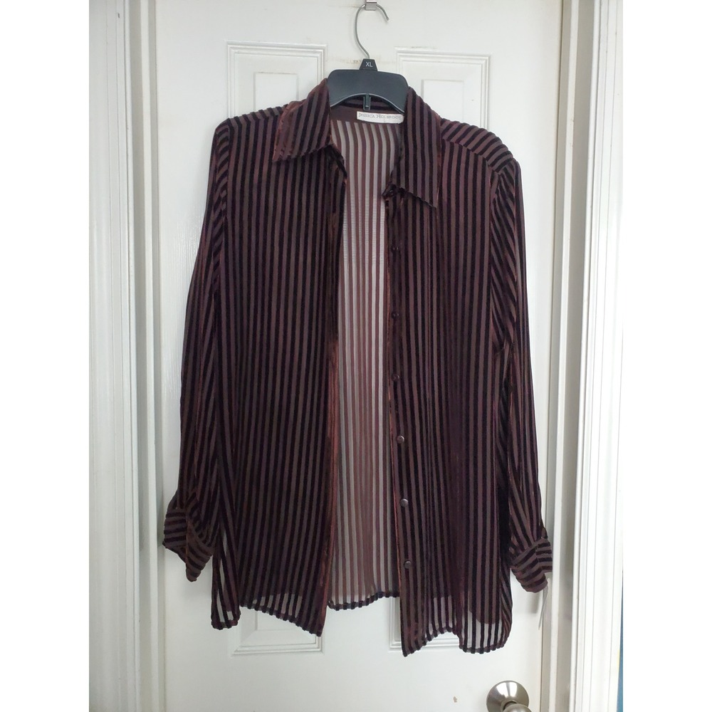 Jessica Holbrook Silk Blend Brown Striped Sheer Velvet Blouse Shacket Lagenlook
